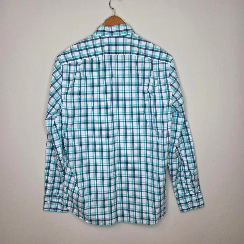 J. Crew Flex‎ Washed Slim Fit Button Down Shirt Men's Medium Blue Green Plaid